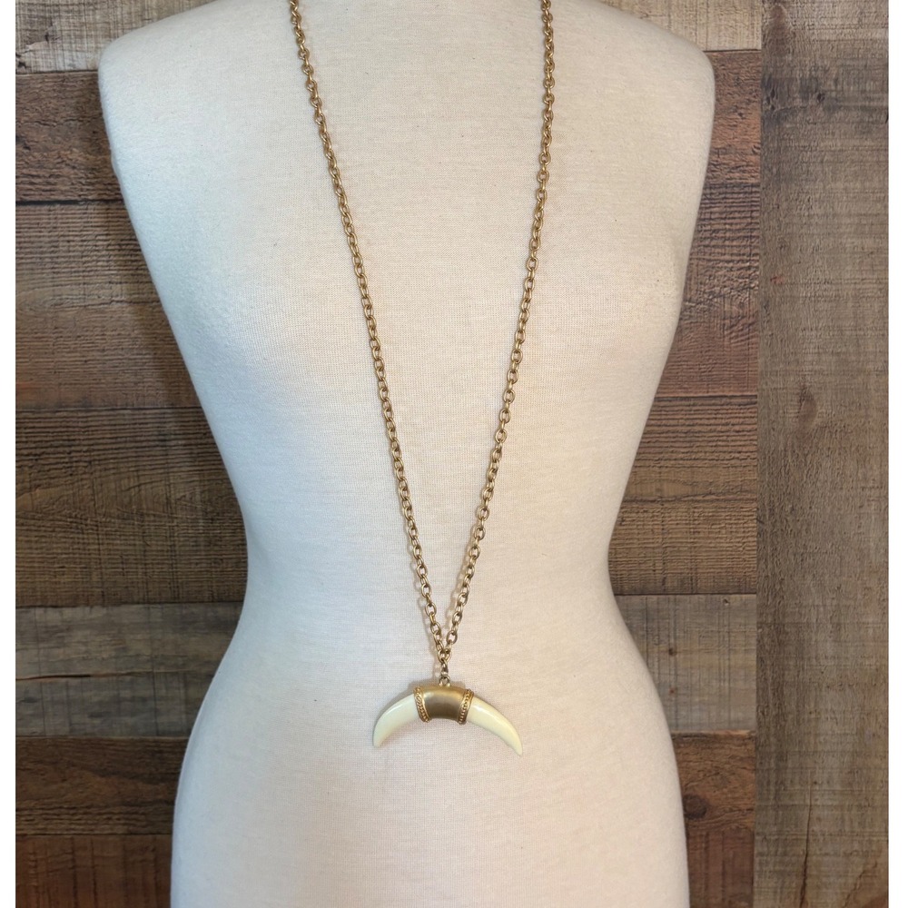 Plunder Design Gold Tone Cream Double Horn Crescent Pendant Necklace